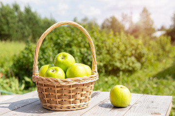 Green and red apples in wicker basket on wooden table Green grass in the garden Harvest time Organic food