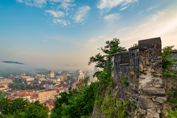 foggy sunrise at capitol of Slovenia, Ljubljana in summer