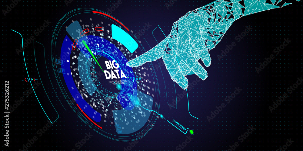 Leinwandbilder Low polygon hand working with Big data avanced technology and visualization with Fractal element with lines and dots array.