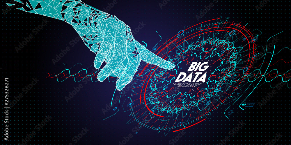 Poster Low polygon hand working with Big data avanced technology and visualization with Fractal element with lines and dots array.