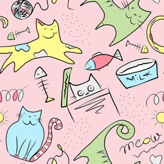 Colorful cute cats and fish - seamless pattern with digital painting on pink background