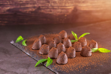 Chocolate truffles powdered with cocoa