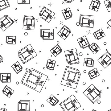 Black JS file document icon. Download js button icon isolated seamless pattern on white background. JS file symbol. Vector Illustration