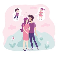 Loving young couple with pregnant woman cradling her baby bump in her hands embracing as they each dream of their desired child