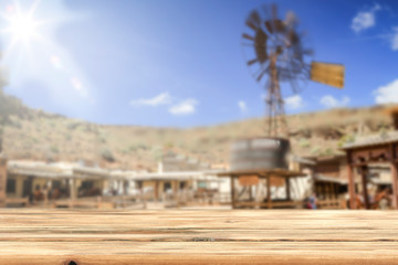 Desk of free space and summer blurred background of garden