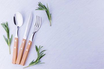 Cutlery set. Knife, fork, spoon on white background. Table setting with rosemary branches. Cutlery...
