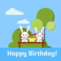 Obraz na płótnie Canvas Happy Birthday greeting card with boy and girl sweet bunny rabbits on wooden bench holding wicker basket with fresh carrots on spring landscape background. Vector illustration cartoon flat style.