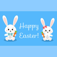 Obraz na płótnie Canvas Happy Easter greeting card with funny rabbits holding carrot. Cute and sweet baby bunnys in sitting pose. Vector character background illustration in cartoon flat style. Childrens holiday disign.