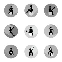 Woman doing exercises with ball. Set of circle icons with long shadow and flat vector symbol.