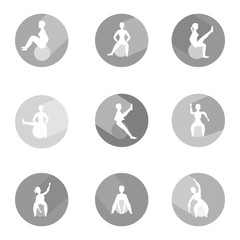 Woman doing exercises with ball. Set of circle icons with long shadow and flat vector symbol.