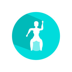 Woman doing exercises with ball. Circle icon with long shadow and flat vector symbol.