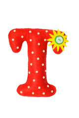 Handmade red letter T made of felt. Childrens alphabet T with small sunny flower and beads.