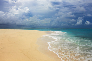 Fototapeta na wymiar Tropical Island with a paradise beach and palm trees
