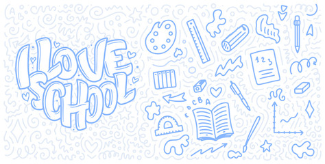 Welcome back to school lettering quote and doodle background. Template for sale tag. Hand drawn badge. Education concept. Typography emblem. Vector