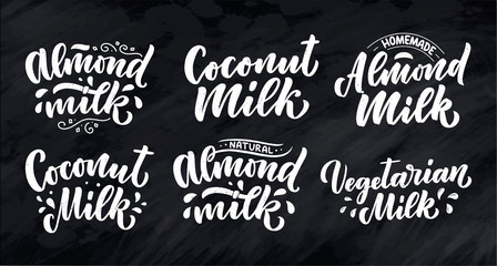 Vegetarian, Coconut, Almond milk lettering quotes for banner, logo and packaging design. Organic nutrition healthy food. Phrases about dairy product. Vector