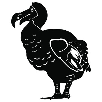 recommend clip art: Black and white silhouette of an extinct bird dodo. Flat cartoon style.