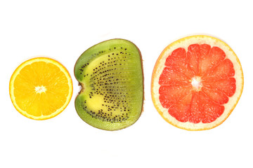 cut across different fruit on white background. healthy vitamin food