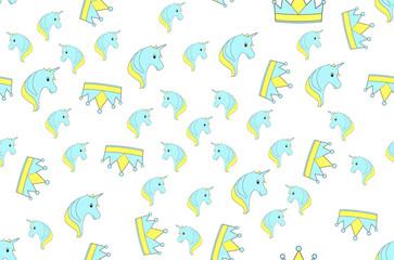 Fototapeta na wymiar blue unicorns and crowns white background