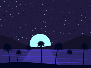 Night landscape with palm trees and the sea, moonlight on the water and the starry sky. Tropical paradise. Vector illustration