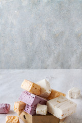 homemade natural fruit sweet cottage cheese with pieces of fruit dessert with copy space