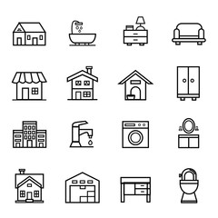 Home Decoration and Furniture Elements  Line Outline Vector Icon Set Pack Illustration