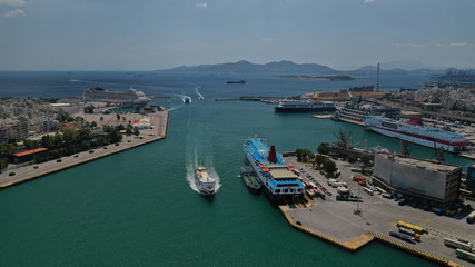 Fototapeta na wymiar Aerial drone panoramic photo of Piraeus port the largest commercial port in Greece and one of the largest in Europe, Attica, Greece