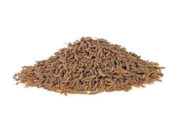 Pile of cumin seeds isolated on white background