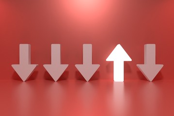 Stand out from the crowd and different concept , One glowing light up arrow among other down arrows 