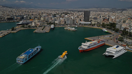 Fototapeta na wymiar Aerial drone panoramic photo of Piraeus port the largest commercial port in Greece and one of the largest in Europe, Attica, Greece