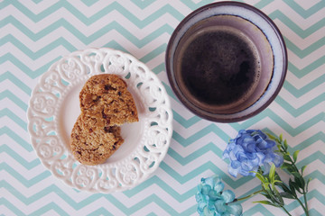 Cookies in a Plate with Caffee on a White and Green Zigzag Background