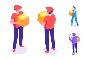 Courier  man isometric front and back view.  Delivery man with box. Vector flat illustration isolated on white background.