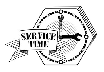 Emblem or logo for car service or repair of cars. Clock with wrenches. Place for text. Technical support or service site.