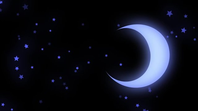 Abstract animation of neon moon and stars shining softly and rotating on the black background. Animation. Beautiful abstraction of neon figures