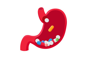 Pills tablets in human stomach. Taking medicine orally. Medical treatment dependence on medicines concept. Vector digestion organ illustration