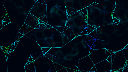 Digital plexus or network of glowing lines and dots. Abstract futuristic background. 3D rendering