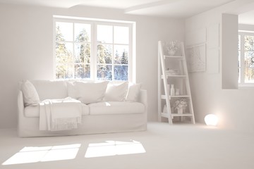 Mock up of stylish room in white color with sofa and winter landscape in window. Scandinavian interior design. 3D illustration