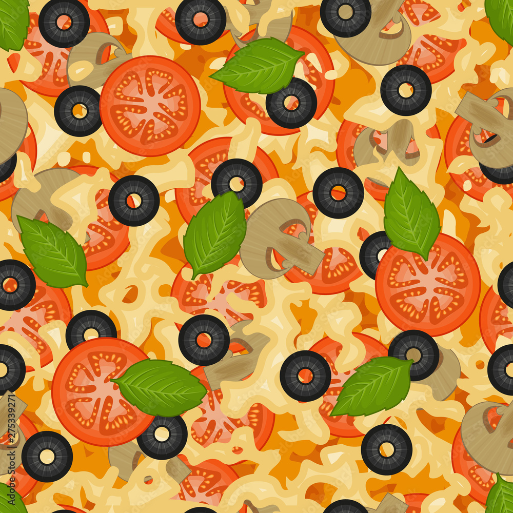 Poster seamless pattern with texture of mushroom pizza with tomatoes, olives and basil. pizza menu. for pac