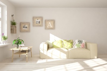 Stylish room in white color with sofa. Scandinavian interior design. 3D illustration