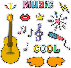 Guitar, musical signs and symbols. Set of color cute vector doodle stickers.