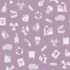 Waste collection and disposal, seamless pattern, lilac, pencil hatching, vector. Garbage collection, different types of waste. Vector, seamless background. White, flat icons on a lilac background.  