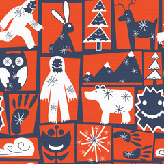 Fototapeta na wymiar Vector blue orange and white folk art Yeti with winter forest critters seamless pattern design. Playful illustration perfect for wallpaper, wrapping paper, seasonal or children's textiles