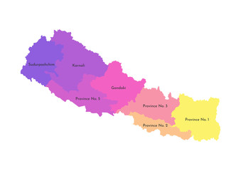 Vector isolated illustration of simplified administrative map of Nepal. Borders and names of the provinces. Multi colored silhouettes