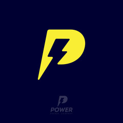Power logo. P letter and lightning on the dark background. P monogram. Power and energy technology.  - obrazy, fototapety, plakaty