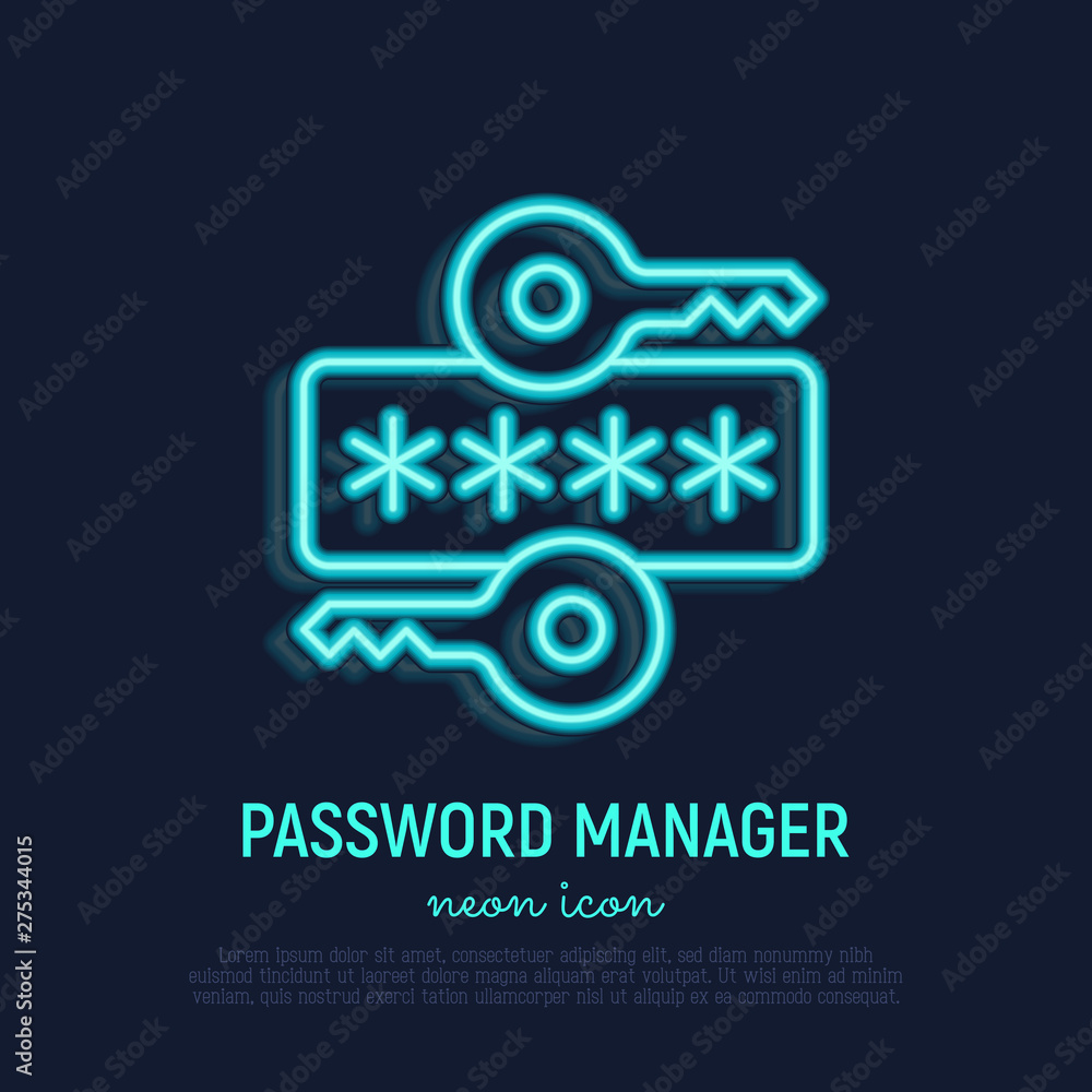 Poster password manager neon thin line icon. key and secret code. data protection. modern vector illustrati