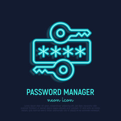 Password manager neon thin line icon. Key and secret code. Data protection. Modern vector illustration.