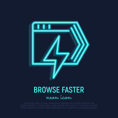 Faster browser neon thin line icon. Web page with flash. Modern vector illustration.