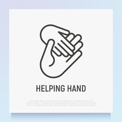 Helping hand: child hand in adult. Thin line icon. Modern vector illustration of adoption, charity or support.