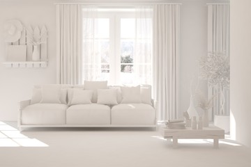 Mock up of stylish room in white color with sofa. Scandinavian interior design. 3D illustration