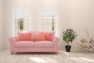 Fototapeta premium Stylish room in white color with sofa. Scandinavian interior design. 3D illustration