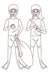 scuba diving avatar cartoon character in black and white